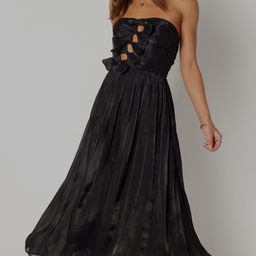 Black midi strapless wedding guest dress